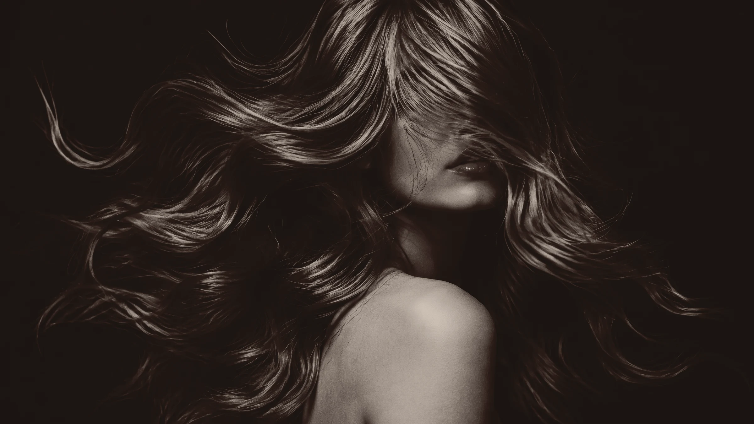 Cabello ondulado flotando que cubre parte del rostro